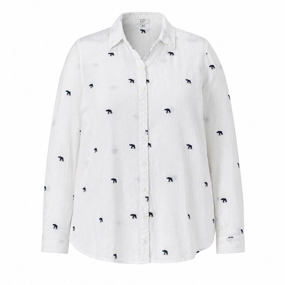 Crown & Ivy Curvy Size 1X White Elephant Embroidered Button Down Gauze Shirt